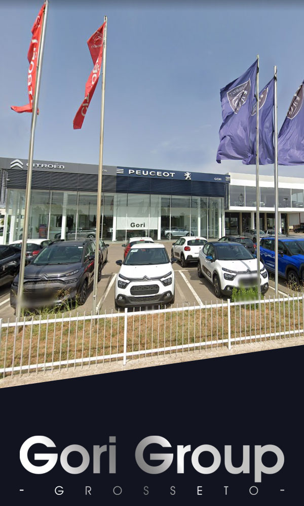 banner verticale gori group concessionario auto a grosseto: nuovo, usato, km 0, auto per neopatentati, peugeot citroen opel service bmw mini